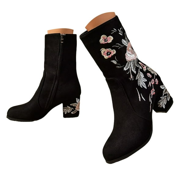 Mepaouo Women Mid-calf Cowboy Boots Embroidered Round Toe Chunky Heel Westerm Cowgirl Boots