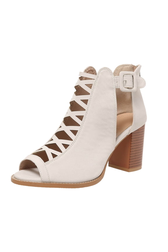 Women Open Toe Booties Crisscross Straps Chunky High Heel Ankle Strap Fashion Sandals(White,6)