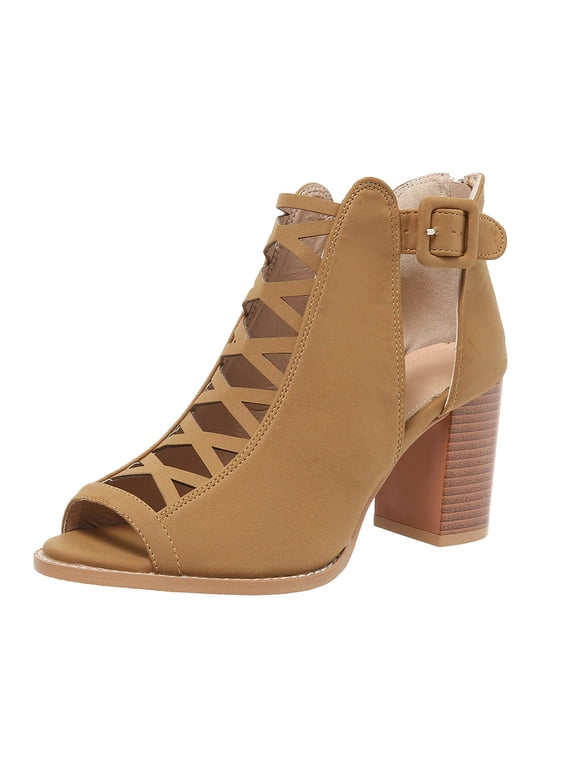Women Open Toe Booties Crisscross Straps Chunky High Heel Ankle Strap Fashion Sandals(Yellow,5.5)