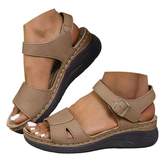 Mepaouo Women Orthotic Walking Sandals Arch Support Open Toe Orthopedic Summer Slip on Shoes Khaki 7.5