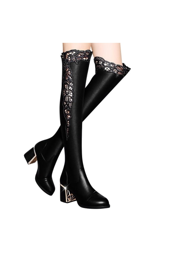 Women Over The Knee Boots Leather Lace Chunky Heel Fashion Winter Dress Long Boots(Black,8)