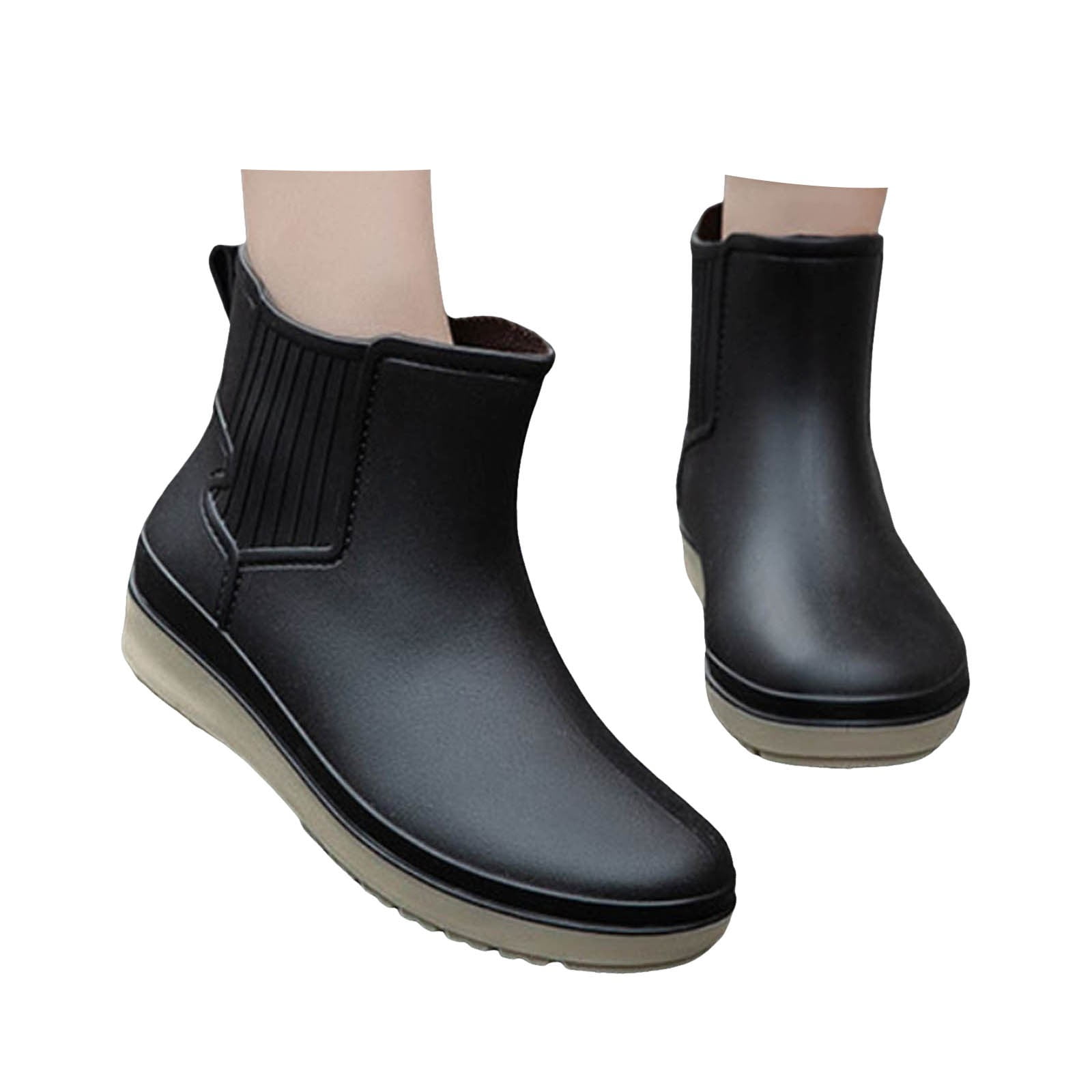Mepaouo Women Rain Boots Waterproof Non-Slip Garden Shoes Pull on Elastic Rubber Ankle Booties(Black,8.5)