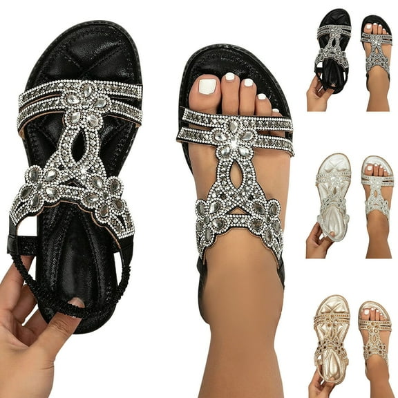 Mepaouo Women Rhinestone Gladiator Flat Sandals T-Strap Bohemian Summer Beach Shoes with Soft Sole Black