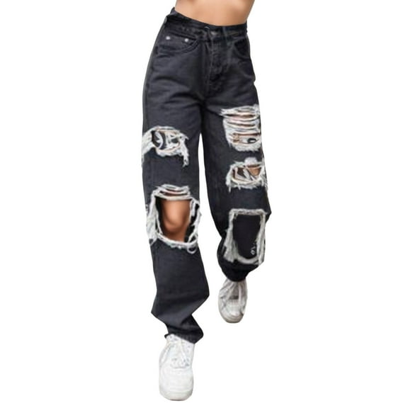 Mepaouo Women Ripped Boyfriend Jeans Baggy Denim Pants Y2K Distressed Streetwear Hiphop Dance Trousers