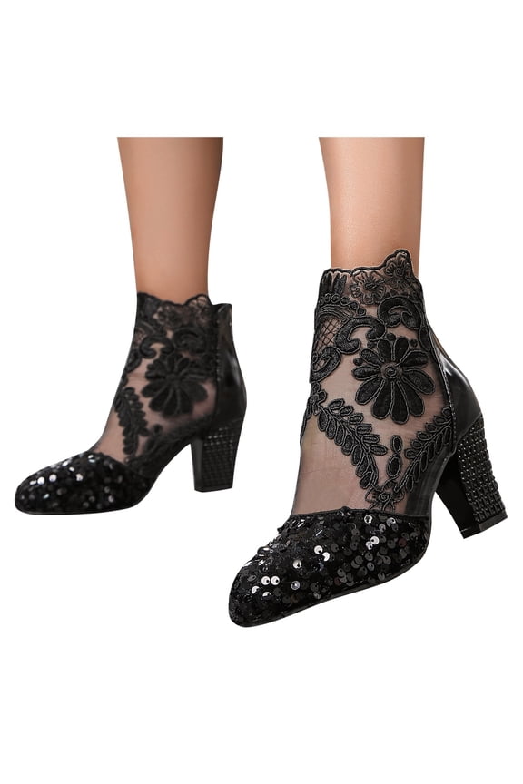 Women Sequin Dress Ankle Boots Floral Heel Formal Prom Slip on Heeled Shoes(Black,6.5)