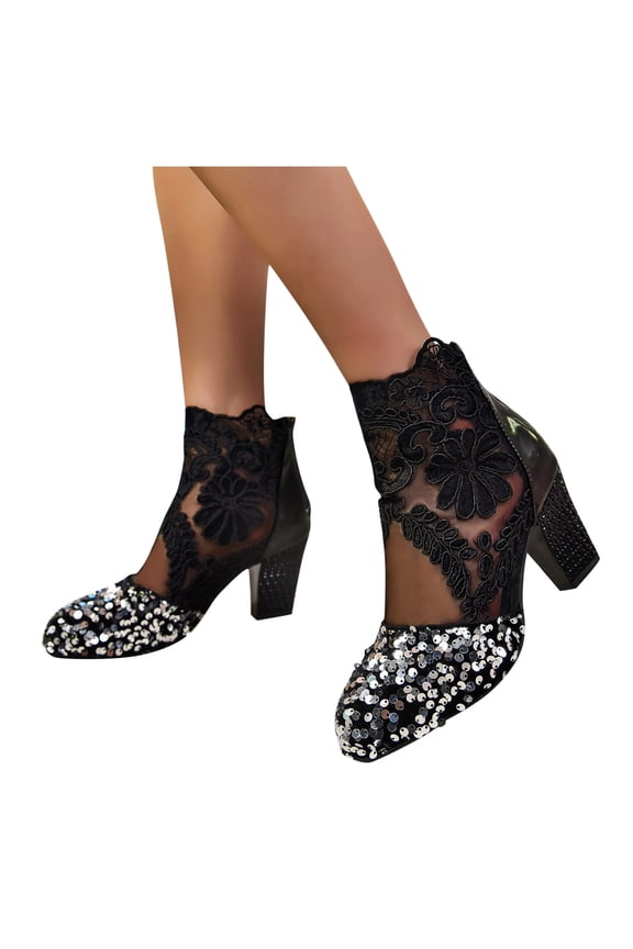 Women Sequin Dress Ankle Boots Floral Heel Formal Prom Slip on Heeled Shoes(Silver,7)