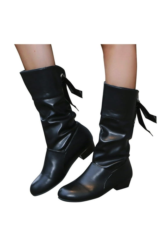 Women Slouch Mid Calf Flat Boots Closed Round Toe Comfort Casual Pull on Wedge Moccasin Boots(Black,8.5)