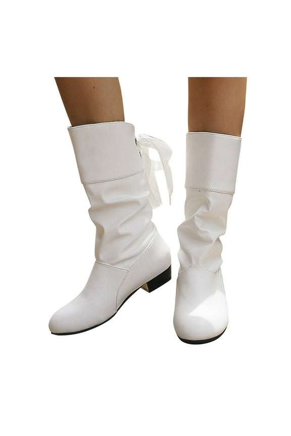 Women Slouch Mid Calf Flat Boots Closed Round Toe Comfort Casual Pull on Wedge Moccasin Boots(White,8.5)