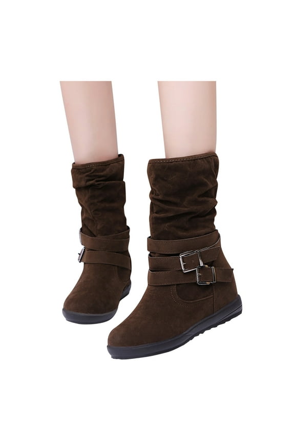 Women Slouch Mid Calf Flat Boots Suede Hidden Wedges Pull on Riding Walking Warm Boots