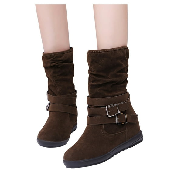 Mepaouo Women Slouch Mid Calf Flat Boots Suede Hidden Wedges Pull on Riding Walking Warm Boots