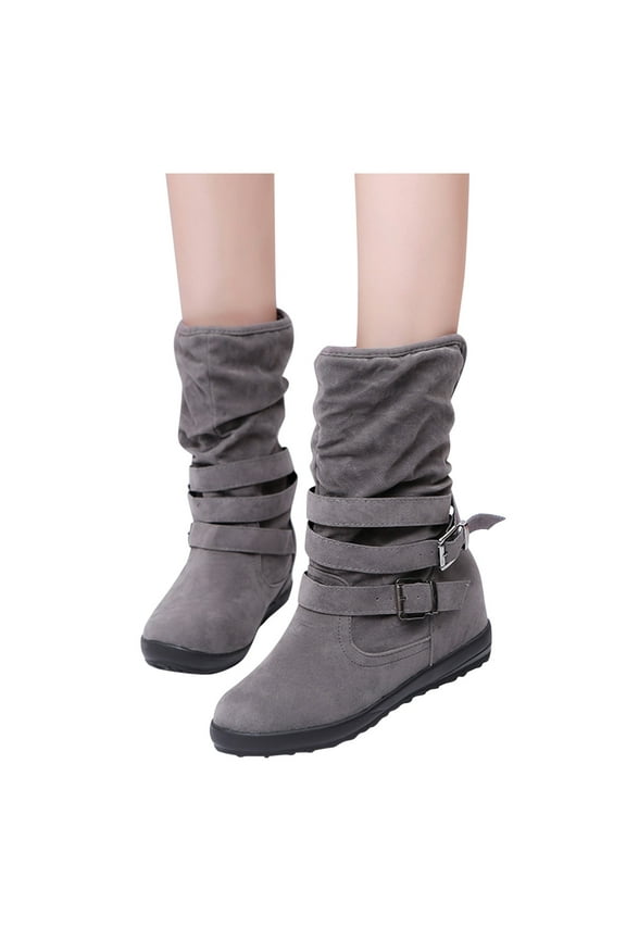 Women Slouch Mid Calf Flat Boots Suede Hidden Wedges Pull on Riding Walking Warm Boots