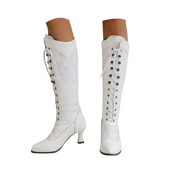 Mepaouo Women Victorian Knee High Boots Vintage Kitten Heel Pointed Toe Lace up Pull on Long Tall Boot