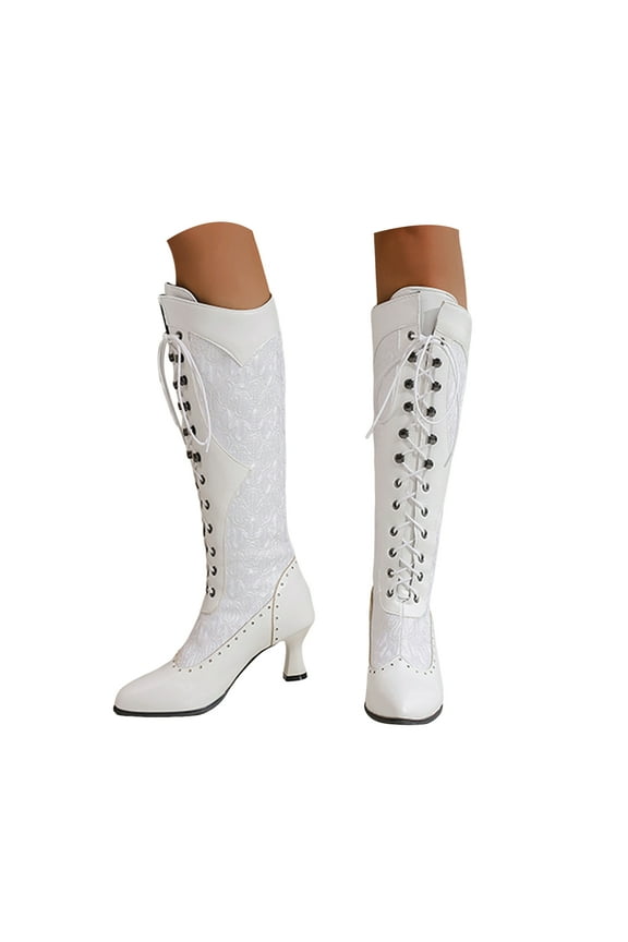 Women Victorian Knee High Boots Vintage Kitten Heel Pointed Toe Lace up Pull on Long Tall Boot