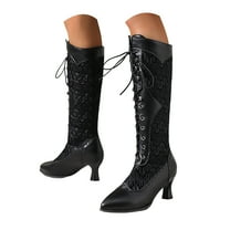 Mepaouo Women Victorian Knee High Boots Vintage Kitten Heel Pointed Toe Lace up Pull on Long Tall Boot