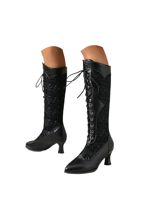 Women Victorian Knee High Boots Vintage Kitten Heel Pointed Toe Lace up Pull on Long Tall Boot