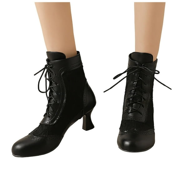 Mepaouo Women Vintage Victorian Lace up Boots Kitten Heel Walking Ankle Short Booties(Black,8.5)