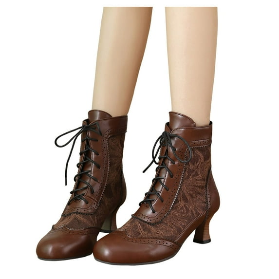 Mepaouo Women Vintage Victorian Lace up Boots Kitten Heel Walking Ankle Short Booties(Brown,7.5)
