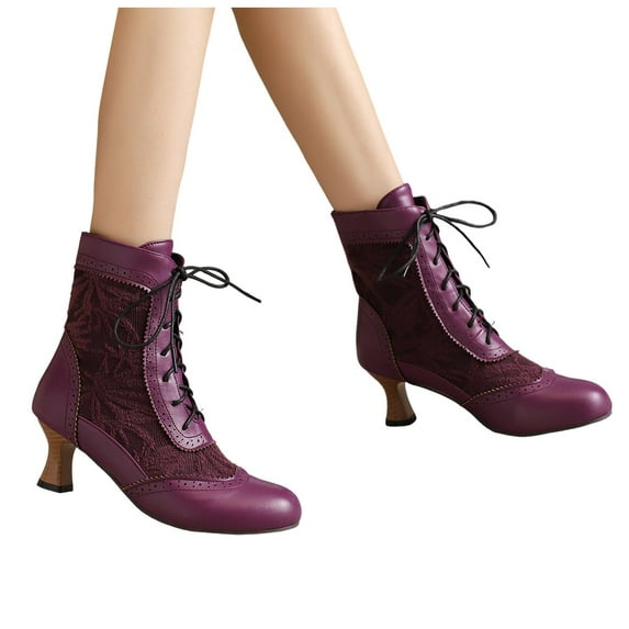 Mepaouo Women Vintage Victorian Lace up Boots Kitten Heel Walking Ankle Short Booties(Purple,8.5)
