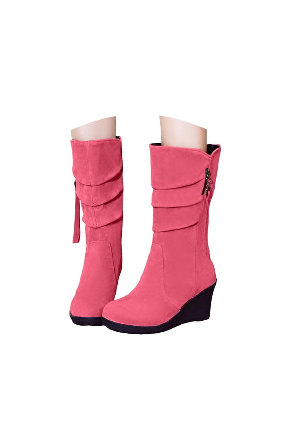 Women Wedge Dress Boots Side Zipper Suede Wide Mid Calf Walking Riding Booties(Red,9)