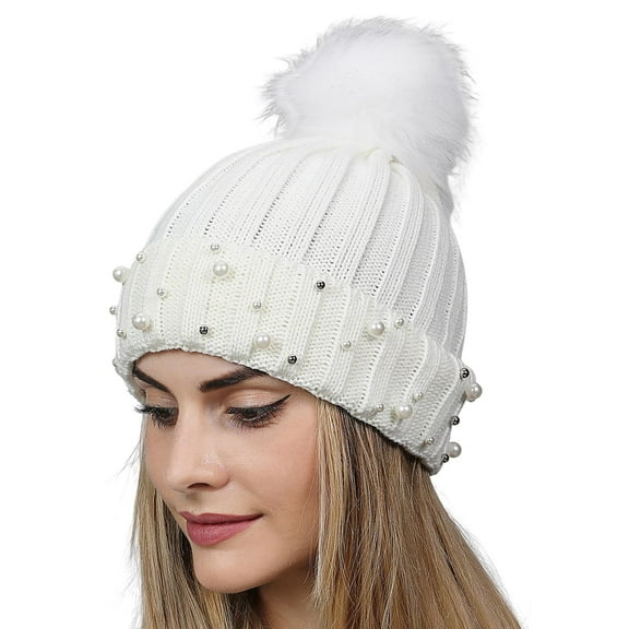 Mepaouo Women Winter Pompom Beanie Hat Warm Fleece Lined Thick Slouchy Snow Knit Skull Ski Cap(White)