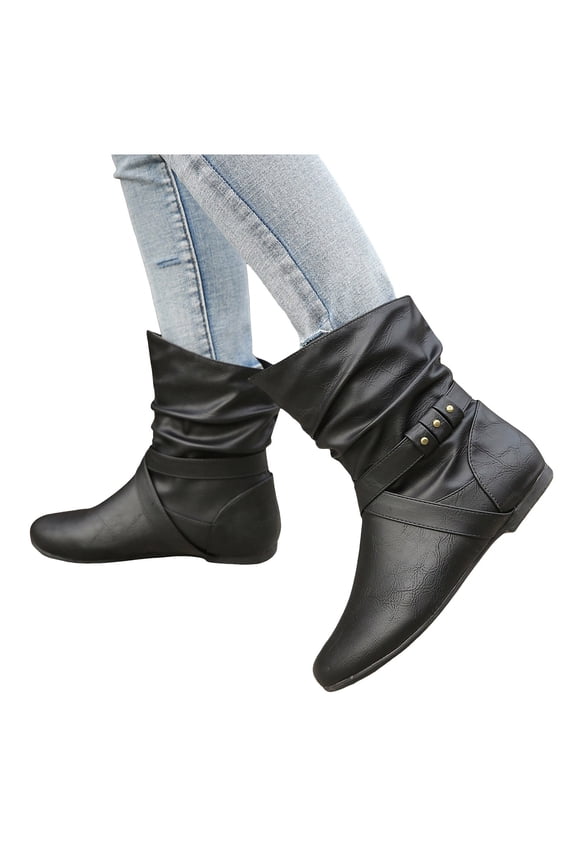 Women's Ankle Booties Buckle Mid Calf Slip on Slouch Flat Heel Comfort Riding Boots(Black,6)