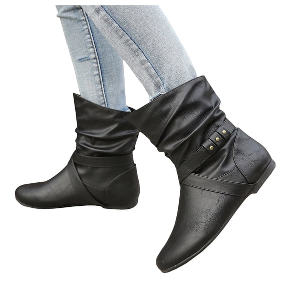 Mepaouo Women's Ankle Booties Buckle Mid Calf Slip on Slouch Flat Heel Comfort Riding Boots(Black,9)