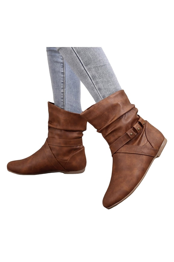 Women's Ankle Booties Buckle Mid Calf Slip on Slouch Flat Heel Comfort Riding Boots(Brown,6)