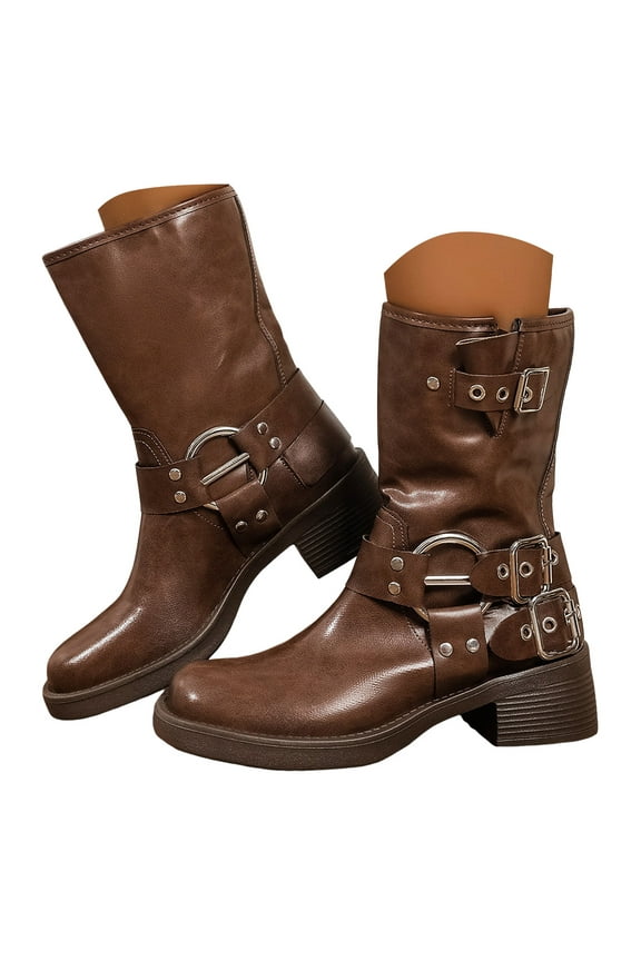 Women's Ankle Boots Buckles Square Toe Motorcycle Riding Biker Boot Low Chunky Heel Fall Booties