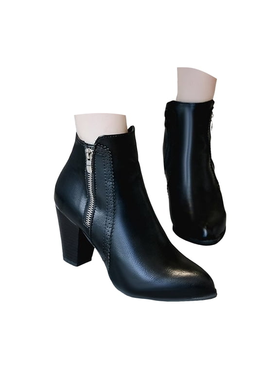 Women's Ankle Boots Chunky Heel Platform Short Booties Round Toe Zipper Dressy Pumps Shoes