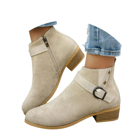 Mepaouo Women's Ankle Boots Chunky Low Heel Almond Toe Short Booties Suede Western Office Dress Shoes