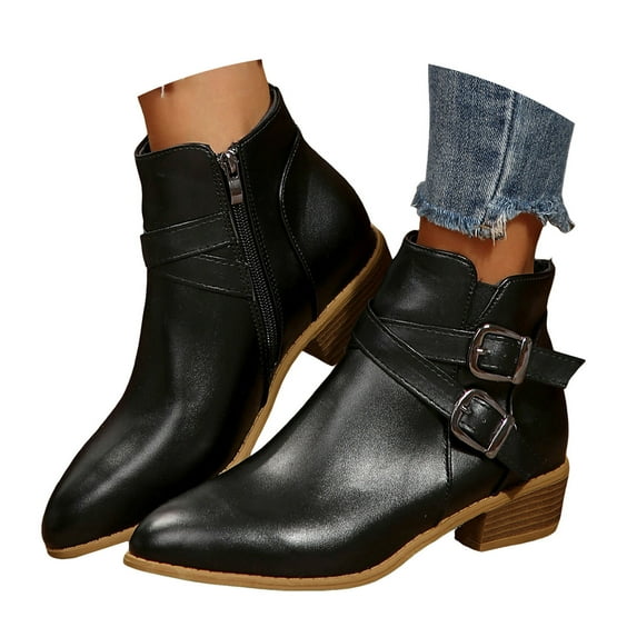 Mepaouo Women's Ankle Boots Classic Buckles Chunky Low Heel Dressy Short Booties with Side Zipper