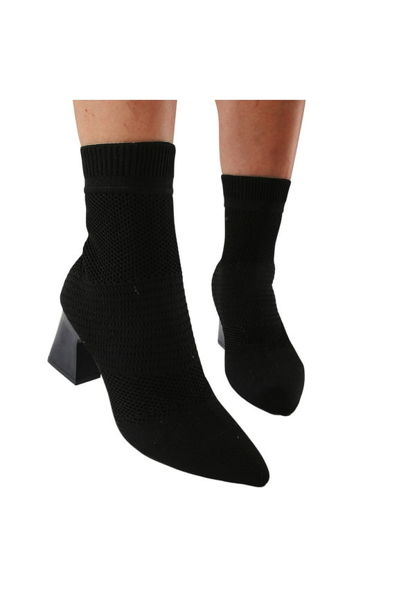 Women's Ankle Boots Knit Sock Heel Kitten Fall Short Slip on Stretchy Dress Booties(Black,7.5)