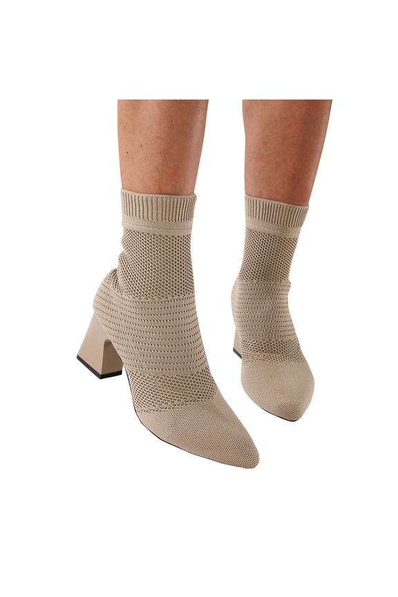 Women's Ankle Boots Knit Sock Heel Kitten Fall Short Slip on Stretchy Dress Booties(Khaki,8.5)