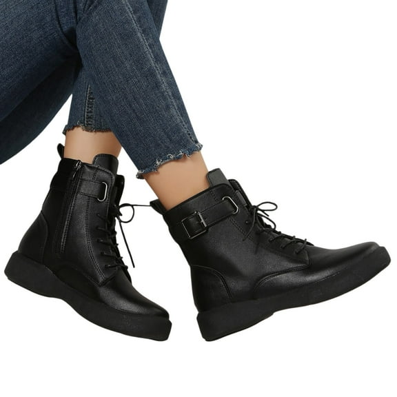 Mepaouo Women's Ankle Boots Lace up Waterproof Flat Motorcycle Riding Walking Combat Booties(Black,6.5)