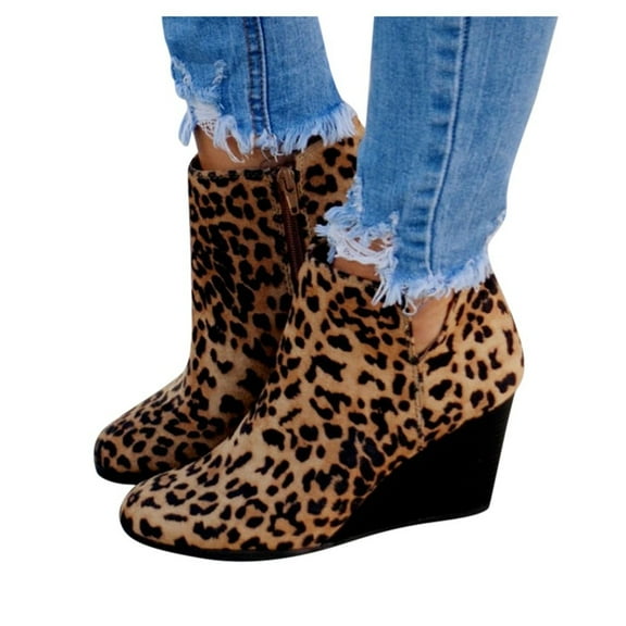 Mepaouo Women's Ankle Boots Leopard Low Wedges Pointed Toe Short Booties Suede Western Boots Shoes