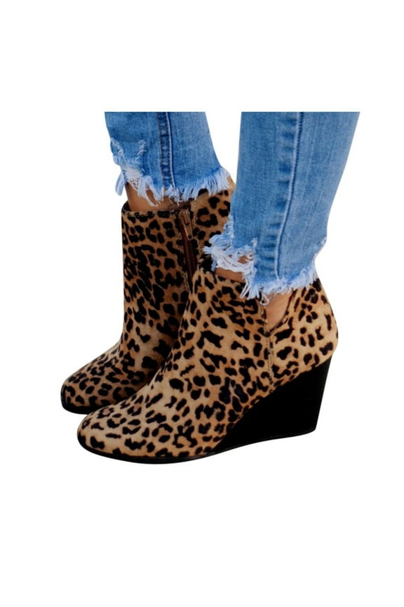 Women's Ankle Boots Leopard Low Wedges Pointed Toe Short Booties Suede Western Boots Shoes