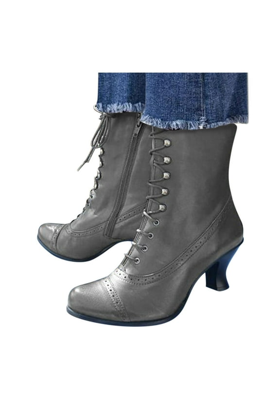 Women's Ankle Boots Mid Calf Boots Vintage Granny Renaissance Lace up Goth Combat Booties(Grey,7)