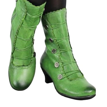 Mepaouo Women's Ankle Boots Round Toe Lace up Vintage Witch Knight Riding Mid Calf Boots for Ladies(Green,8.5)