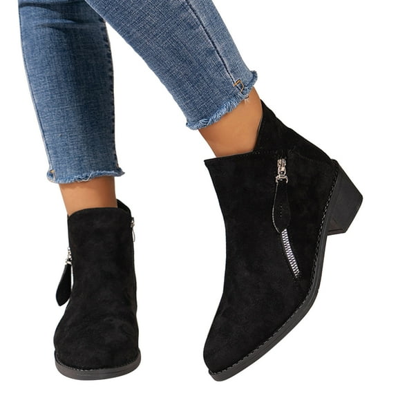 Mepaouo Women's Ankle Boots Thick Low Block Heeled Booties Cutout Chelsea Slip on Western Shoes(Black,6.5)