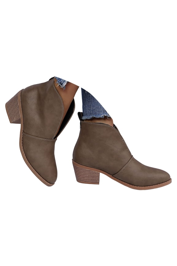 Women's Ankle Boots V Cut out Chunky Stacked Heel Chelsea Booties Winter Fall Slip on Dress Shoes