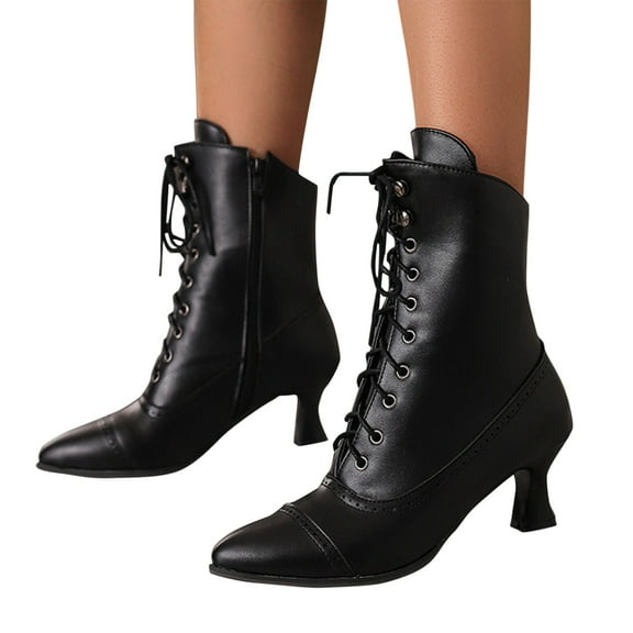 Mepaouo Women's Ankle Boots Vintage Round Toe Mid Calf Boots Lace up Goth Boots with Zipper