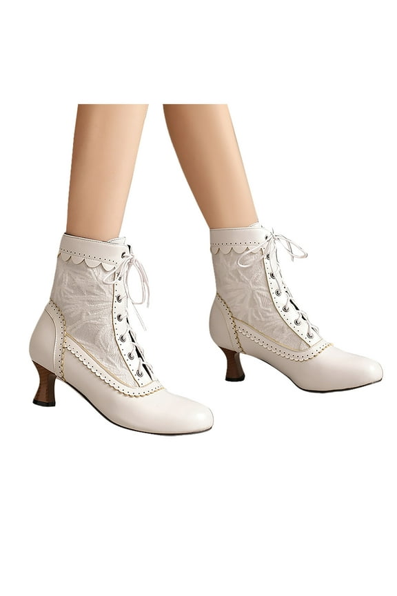 Women's Ankle Victorian Boots Round Toe Lace up Mid Calf Boots Witch Knight Shoes(White,8)