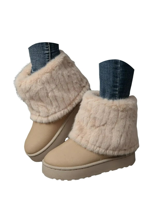 Women's Ankle Winter Boots Fuzzy Plush Suede Snow Booties Outdoor Indoor Warm Flat Mid-Calf Boot