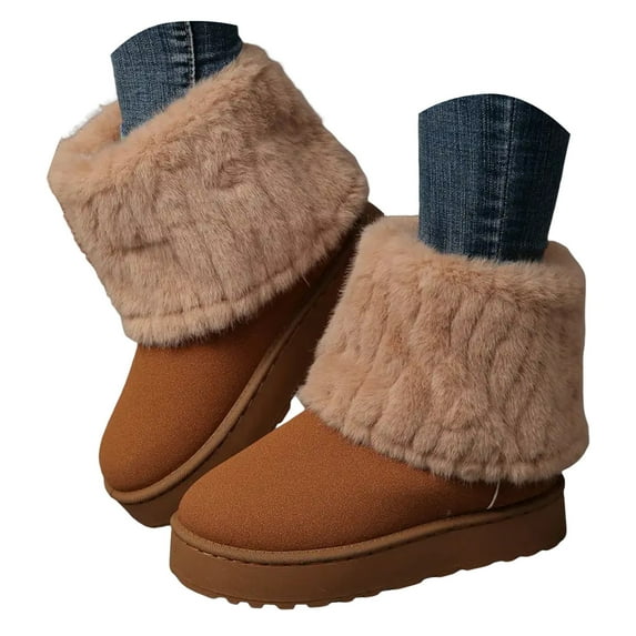 Mepaouo Women's Ankle Winter Boots Fuzzy Plush Suede Snow Booties Outdoor Indoor Warm Flat Mid-Calf Boot