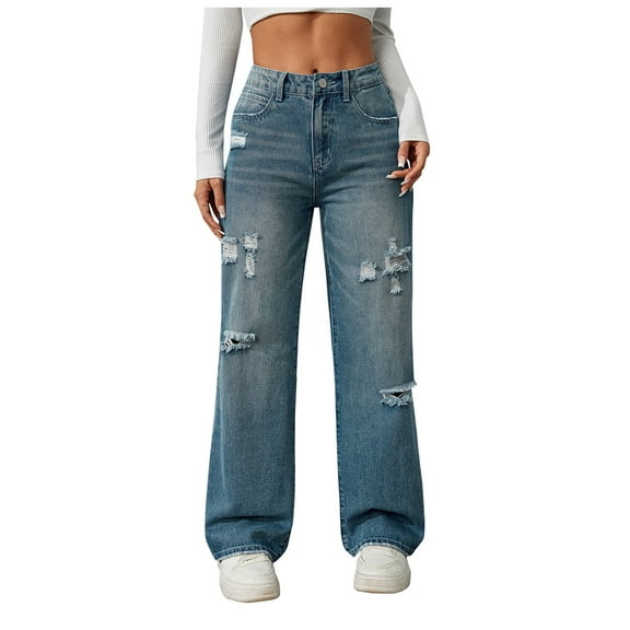 Mepaouo Women's Baggy Ripped Jeans Loose Boyfriend Distressed Wide Leg Denim Pants(Blue,L)