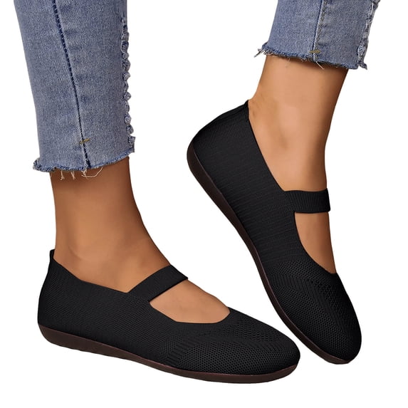 Mepaouo Women's Ballet Flat Shoes Round Toe Mary Jane Comfortable Dressy Knit Slip on Shoes with Strap Black 6.5