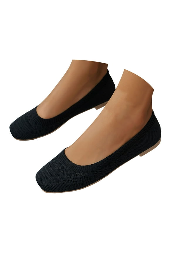 Women's Ballet Flat Shoes Square Toe Knit Slip on Ballerina Walking Flats Ladies Work Mary Jane