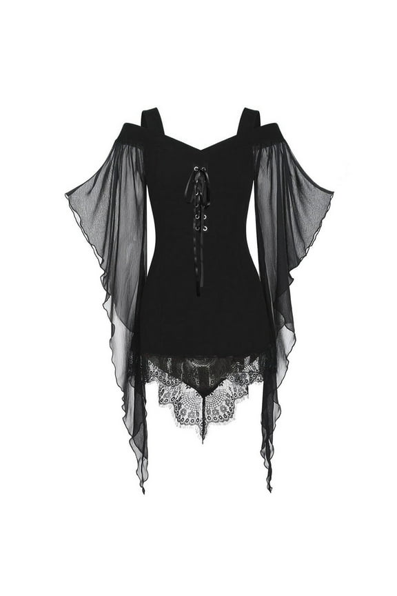 Women's Blouse Gothic Bandage Insert Tee Lace Butterfly Halter Witch T-Shirt Tops Sizes S-2X