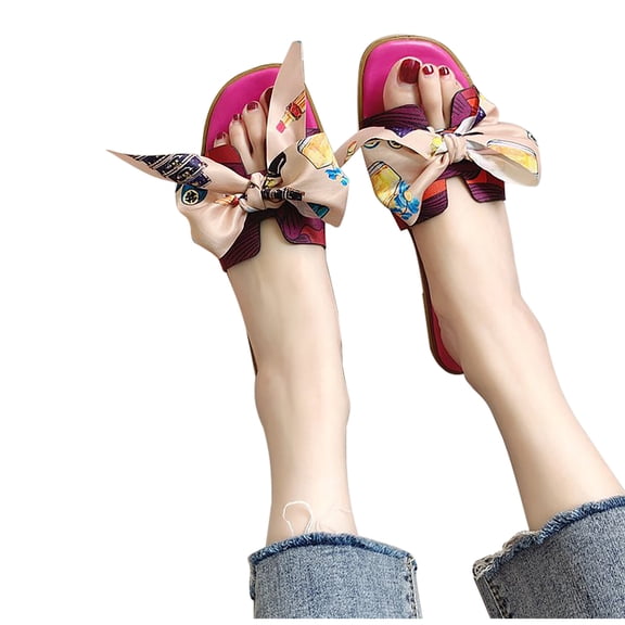 Mepaouo Women's Bow Sandals Square Open Toe Slip on Dressy Slide Flat Summer Beach Water Shoes Size 9