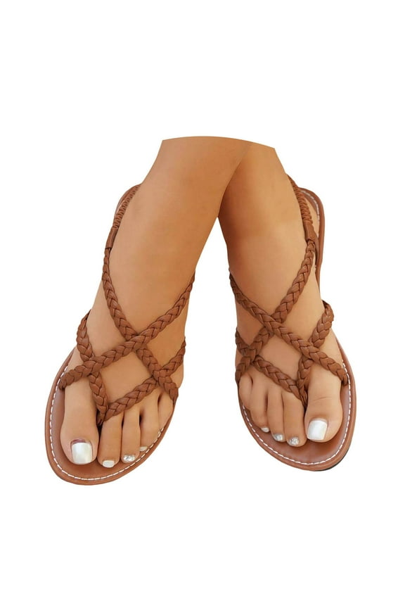 Mepaouo Women's Braided Flat Sandals Elastic Ankle Strap Walking Flip Flops Slingback Casual Shoes